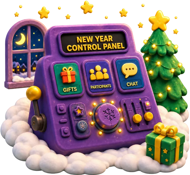 Clay-style New Year control panel with buttons for gifts, participants and chat