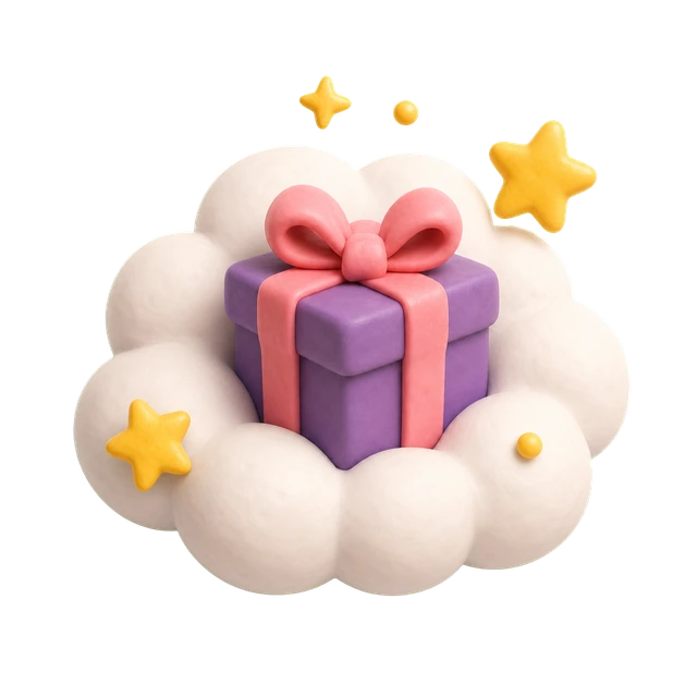 Clay-style gift in a cloud with stars